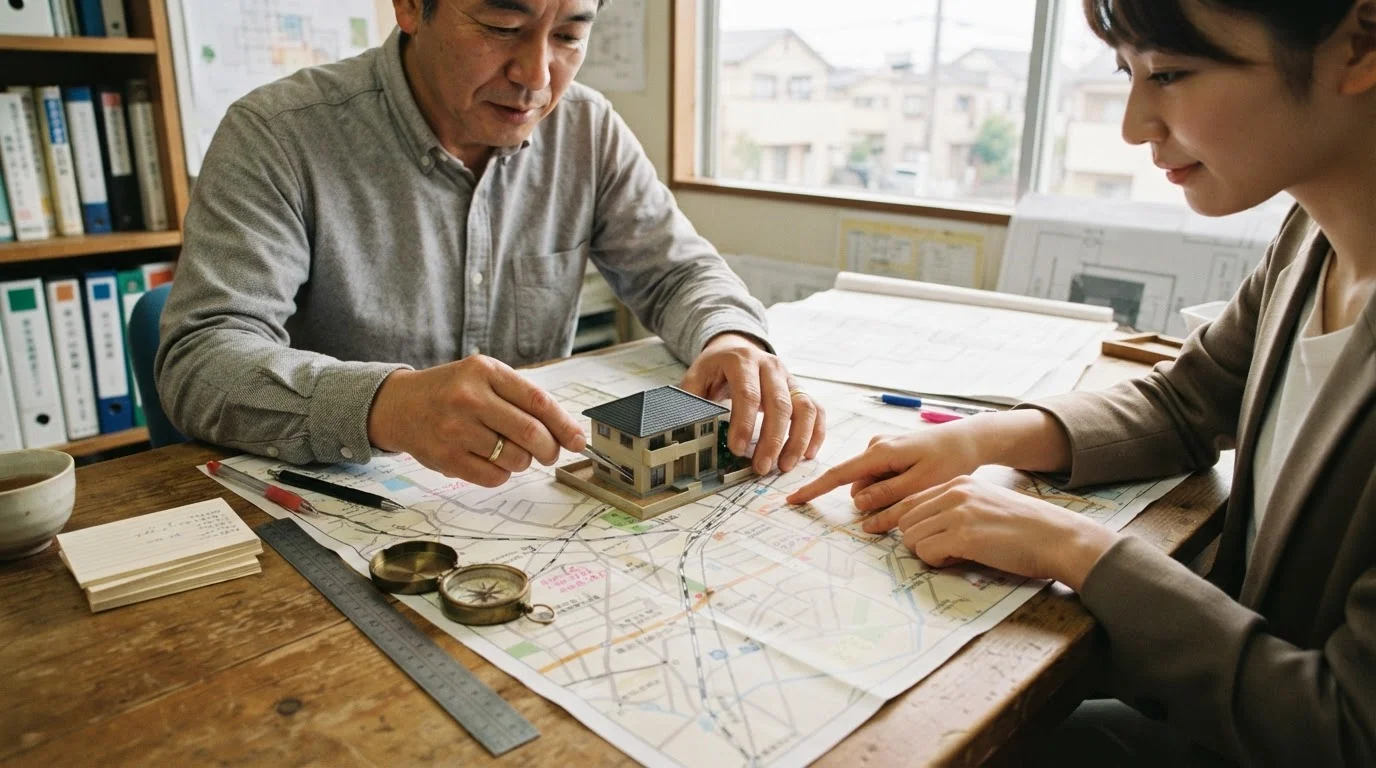 机の上の物件資料と電卓を使って購入費用を確認する手元