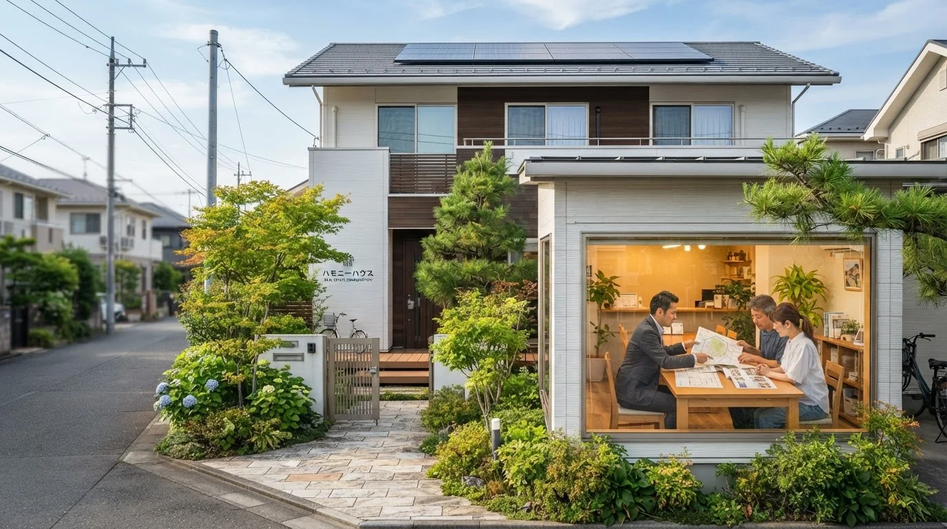 庭付きの戸建住宅を道路側から見た外観